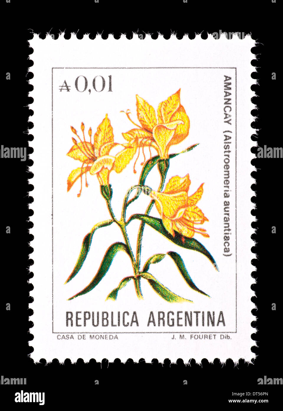 Postage stamp from Argentina depicting Peruvian lilies (Alstroemerias aurantiaca). Stock Photo