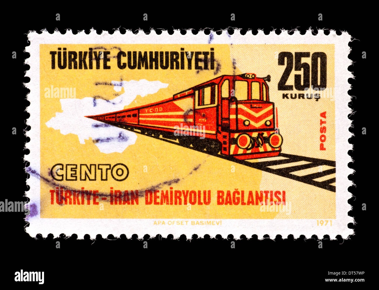 Postage stamp from Turkey depicting the Turkey-Iran railroad and train engine. Stock Photo