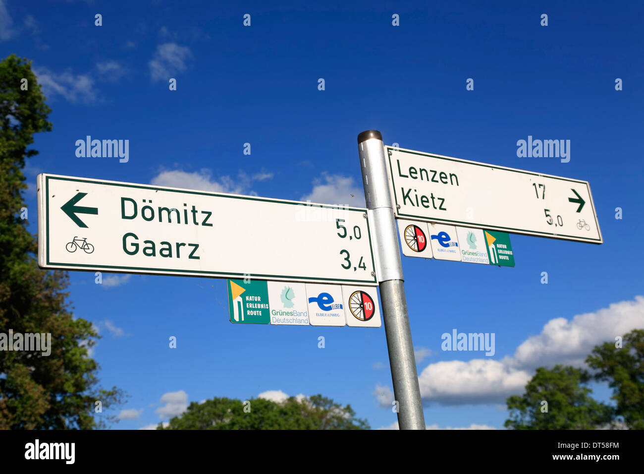 Sign at Elbe river cycle route, Brandenburg, Germany, Europe Stock Photo