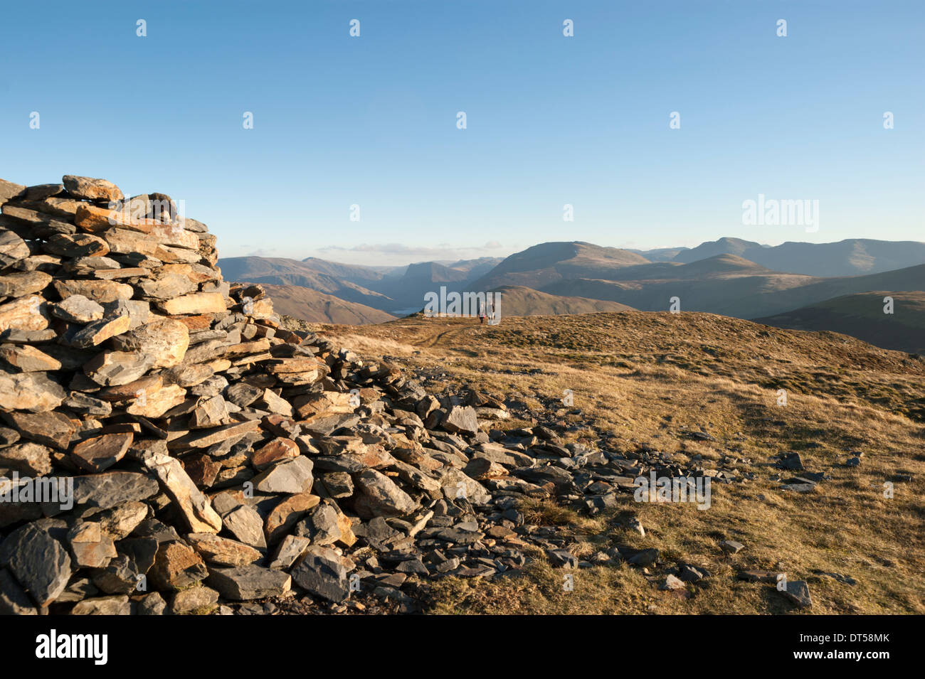 A couple walking up Blake fell. The shot is taken from the summit ...