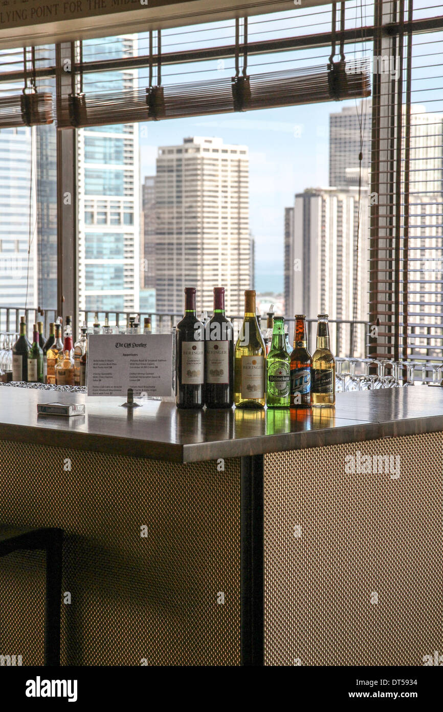 The bar at the Cliff Dwellers Club, skyline in the background, Chicago, Illinois Stock Photo