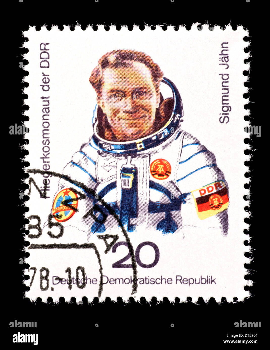 Postage stamp from East Germany (DDR) depicting Sigmund Werner Jahn, first German in space. Stock Photo