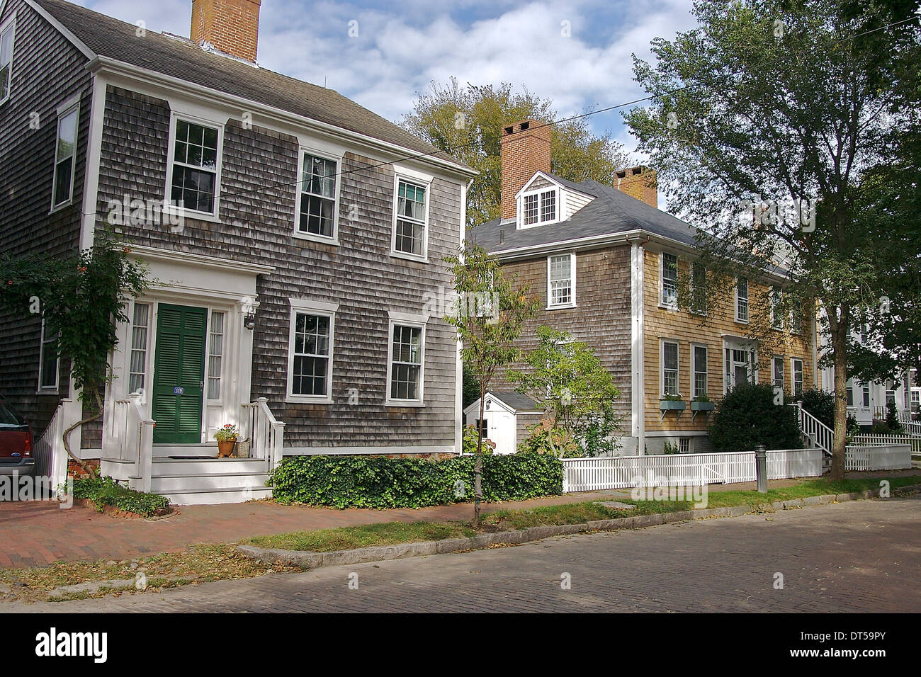 Old houses line a street on Nantucket, Massachusetts, Stock Photo