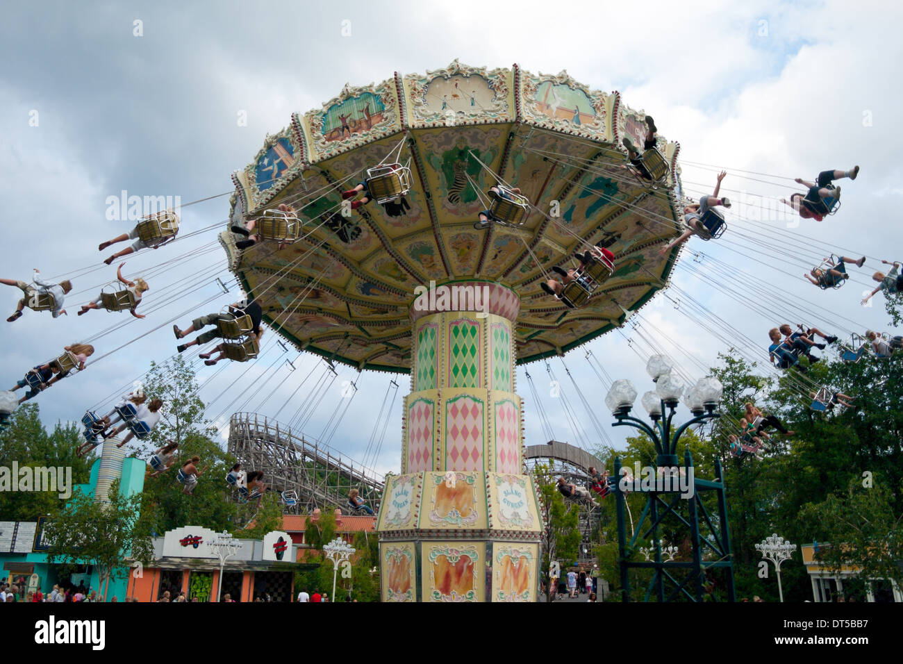 A view of the Wave Swinger swinging carousel ride at the Liseberg amusement park in Gothenburg (Göteborg), Sweden. Stock Photo