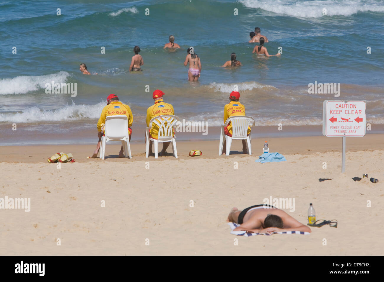manly beach,Sydney with surf lifesavers watching those in the water Stock Photo