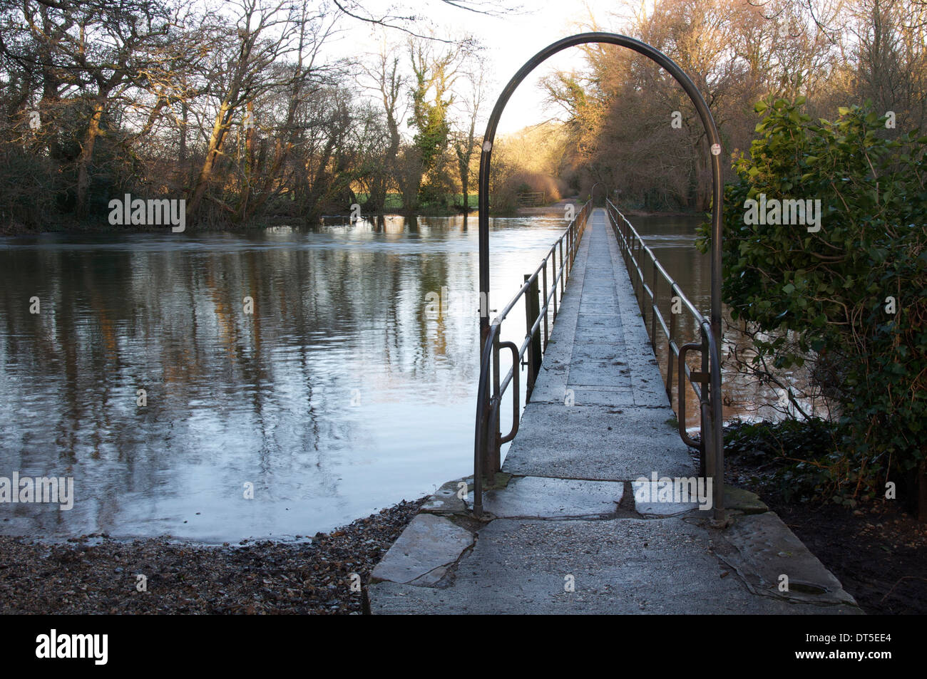 The ford at Moreton in winter. A long pedestrian bridge spans this