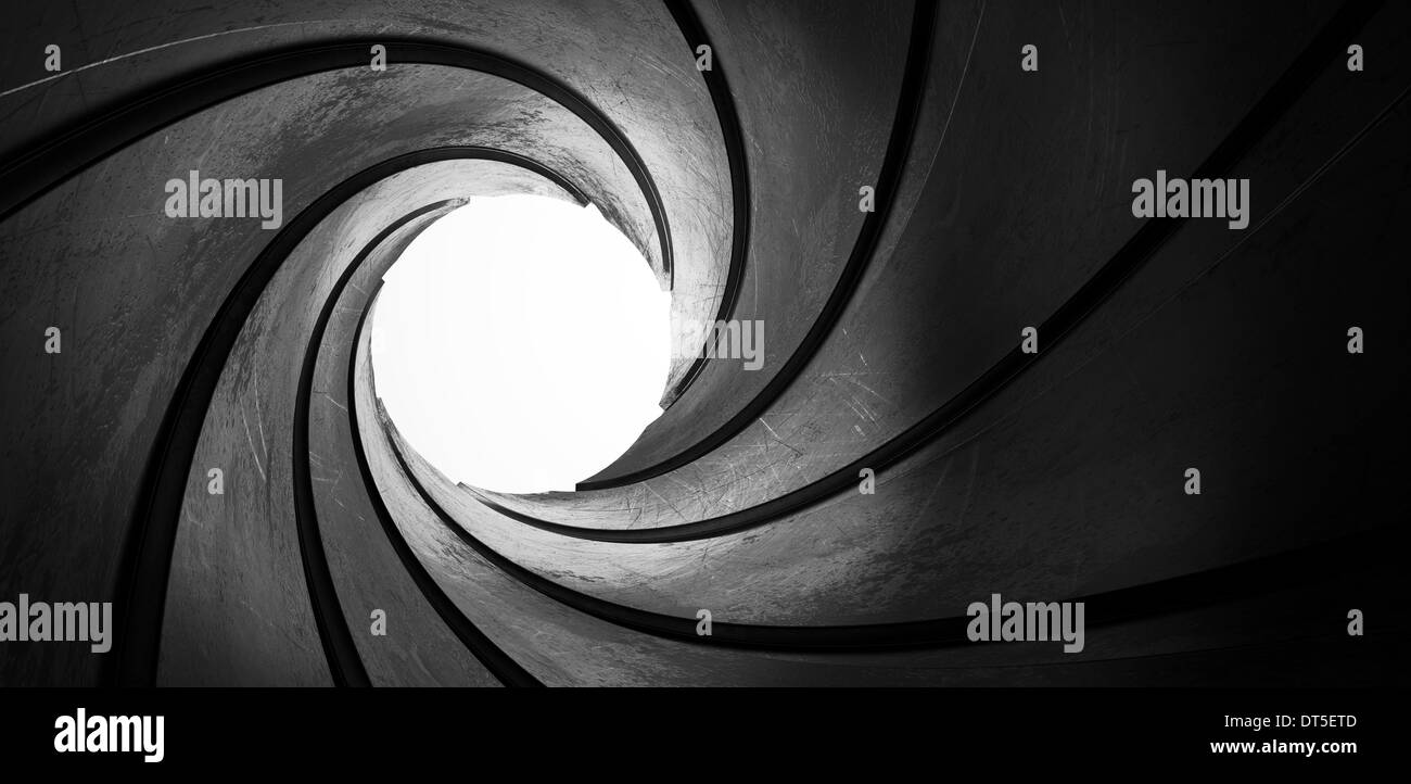 3d abstract metal inside gun barrel twisted tube focus Stock Photo