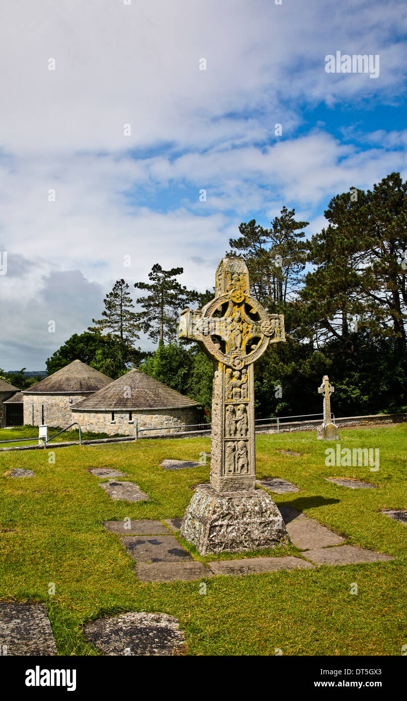Clonmacnoise Monastic of historic site high Celtic cross in a graveyard in County Offaly, Ireland, Europe Stock Photo
