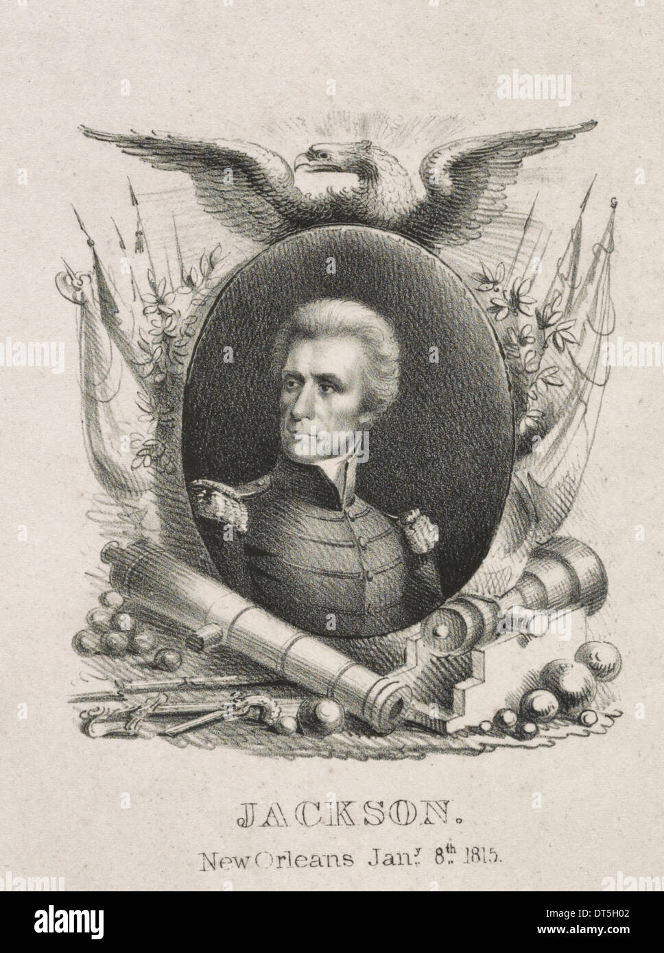 An emblematic portrait of Andrew Jackson, invoking his past as a military hero and especially his victory at the Battle of New Orleans in 1815. Jackson's bust portrait in uniform appears on an oval medallion surrounded by cannon, flags and other military paraphernalia, and surmounted by an eagle. The print seems to be a campaign piece, issued probably during the 1832 presidential race rather than that of 1828, when Jackson was also a candidate. Stock Photo
