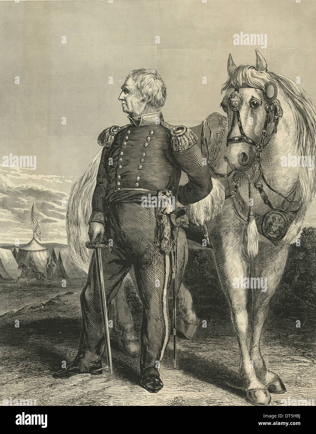 Major General Zachary Taylor - full-length standing portrait of Mexican War hero Zachary Taylor. Although issued in 1847, this poster-sized woodcut was probably designed with the 1848 U.S. presidential campaign in mind. Stock Photo
