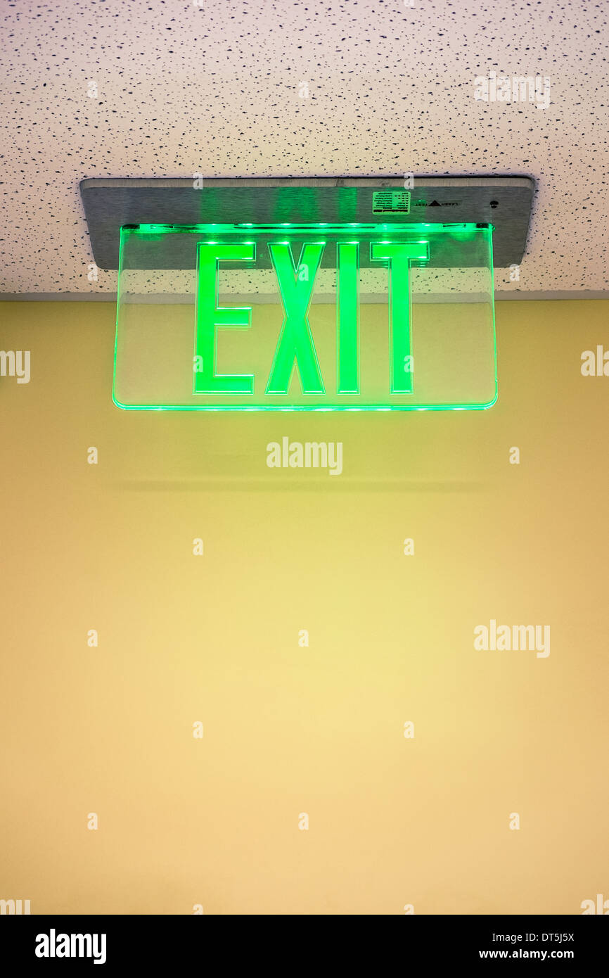 A lit exit sign hanging from the ceiling in an office building. Stock Photo