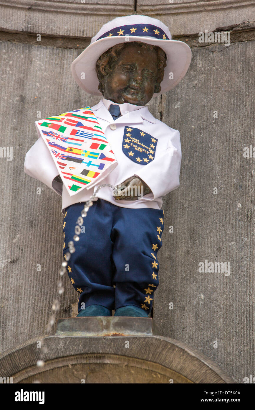 The Manneken Pis statue in Brussels in a jacket celebrating EU Day. Stock Photo