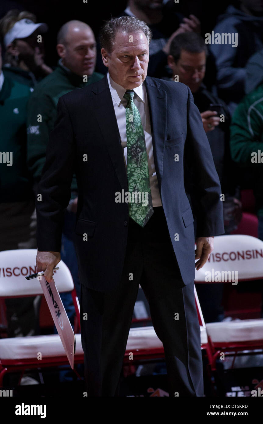 Madison, Wisconsin, USA. 9th Feb, 2014. February 9, 2014: Michigan State head coach Tom Izzo prior to the start of NCAA Basketball game between the Michigan State Spartans and the Wisconsin Badgers at the Kohl Center in Madison, WI. Wisconsin defeated Michigan State 60-58. John Fisher/CSM/Alamy Live News Stock Photo