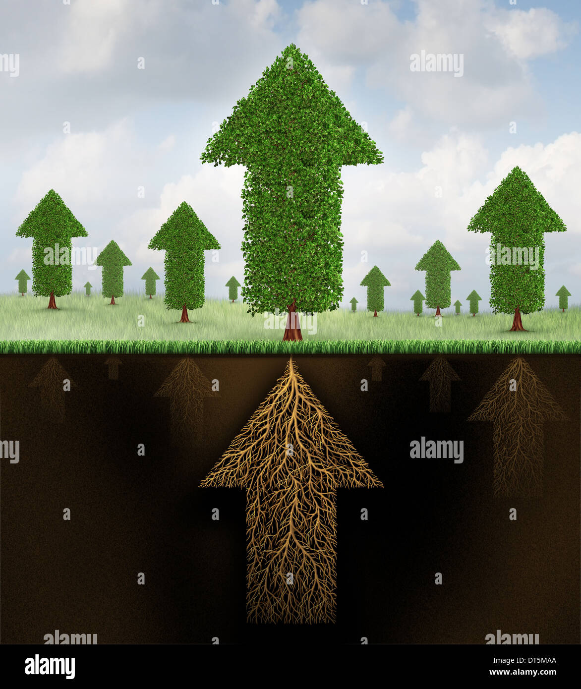 Financial stability and strong growing economy metaphor as a group of trees shaped as arrows and a root system shaped as as an arrow pointing up towards succees as a business symbol of economic teamwork strength. Stock Photo