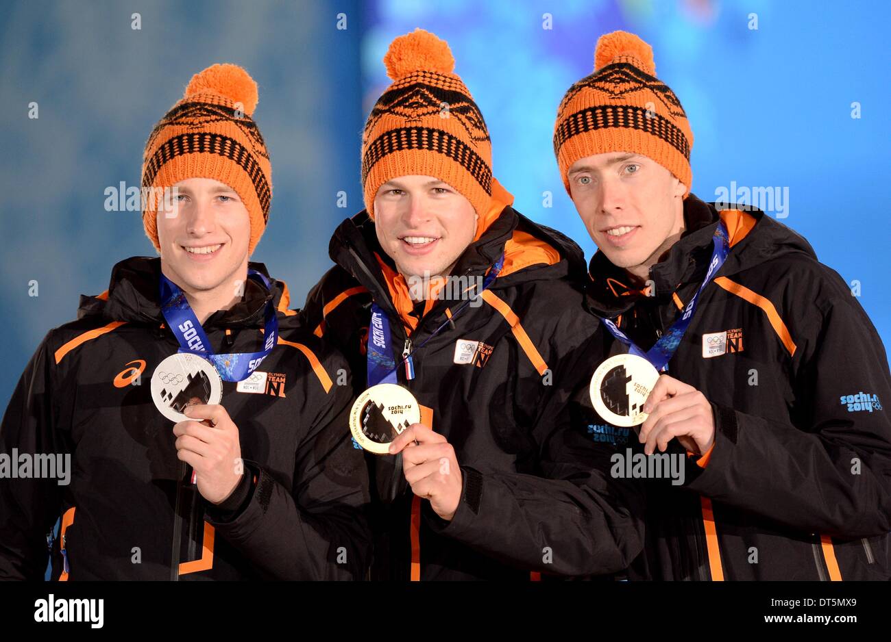 Sochi, Russia. 9th February 2014. A clean sweep for the Netherlands in the Mens 5,000m speed skating. (l to r)Jan BlokHuijsen (NED, silver), Sven Kramer (NED, gold) and Jorrit Bergsma (NED, bronze). Medal Ceremonies - Olympic Plaza - Sochi - Russia - 09/02/2014 Credit:  Sport In Pictures/Alamy Live News Stock Photo