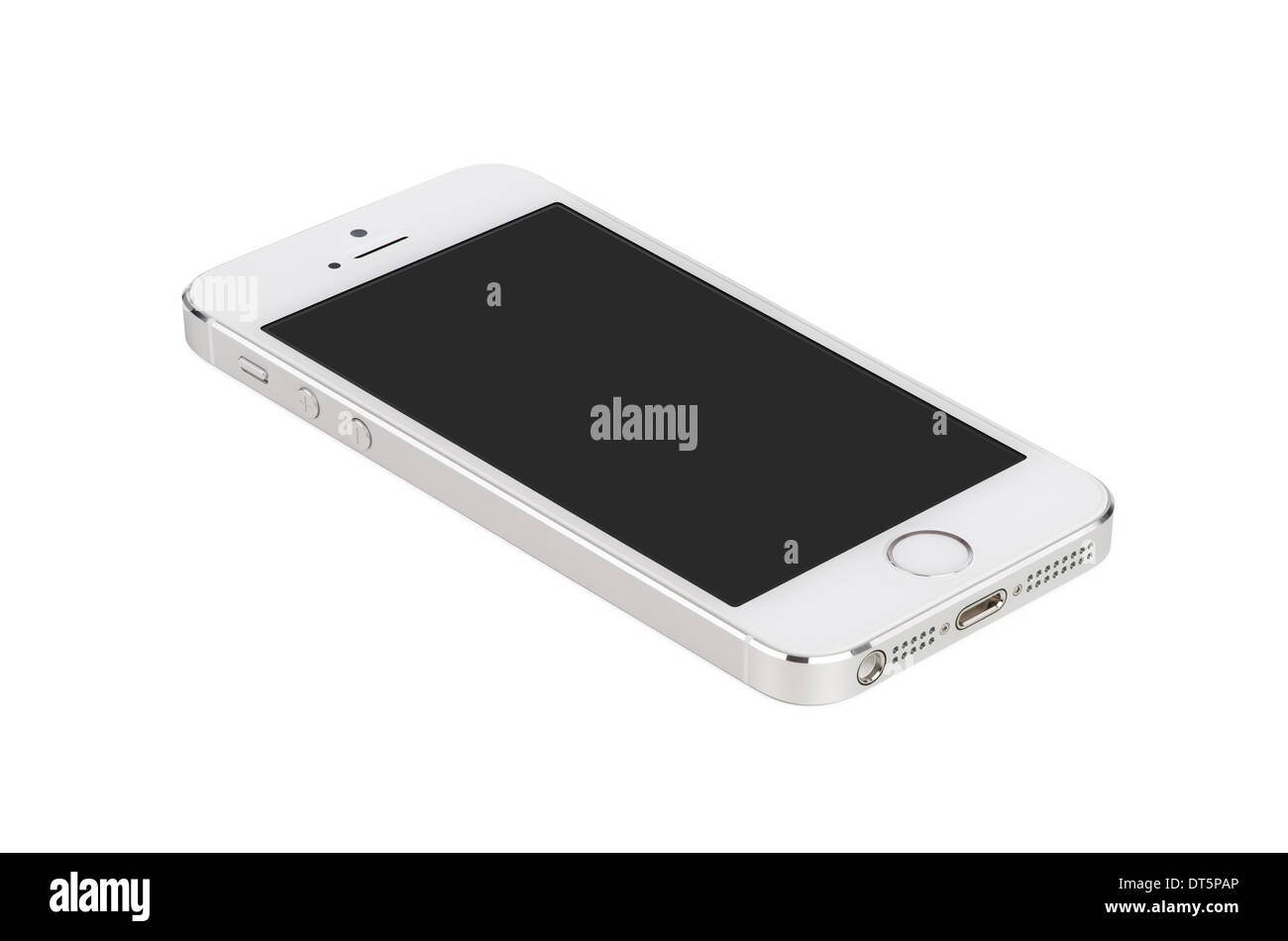 White modern smartphone with blank screen lies on the surface, isolated on white background. Whole image in focus, high quality. Stock Photo
