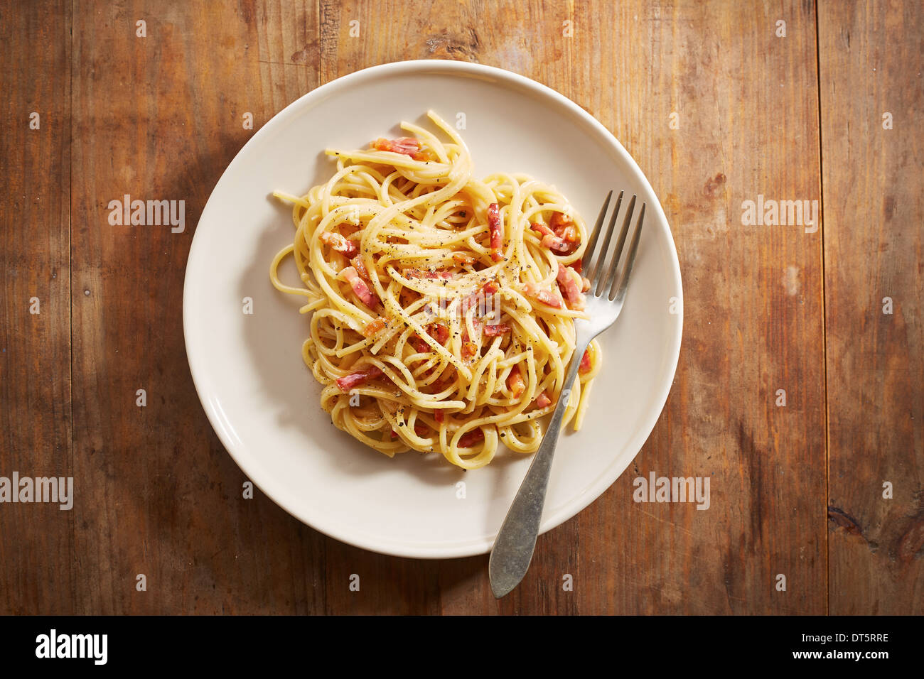 Dish of spaghetti a la carbonara overlook shot Stock Photo