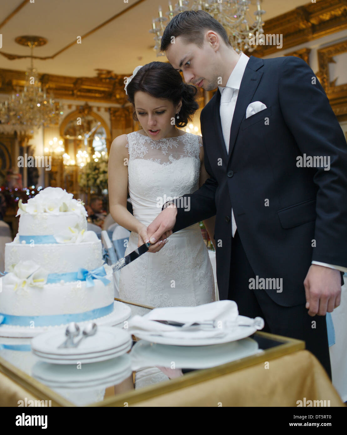 Bride and groom cut the cake Stock Photo