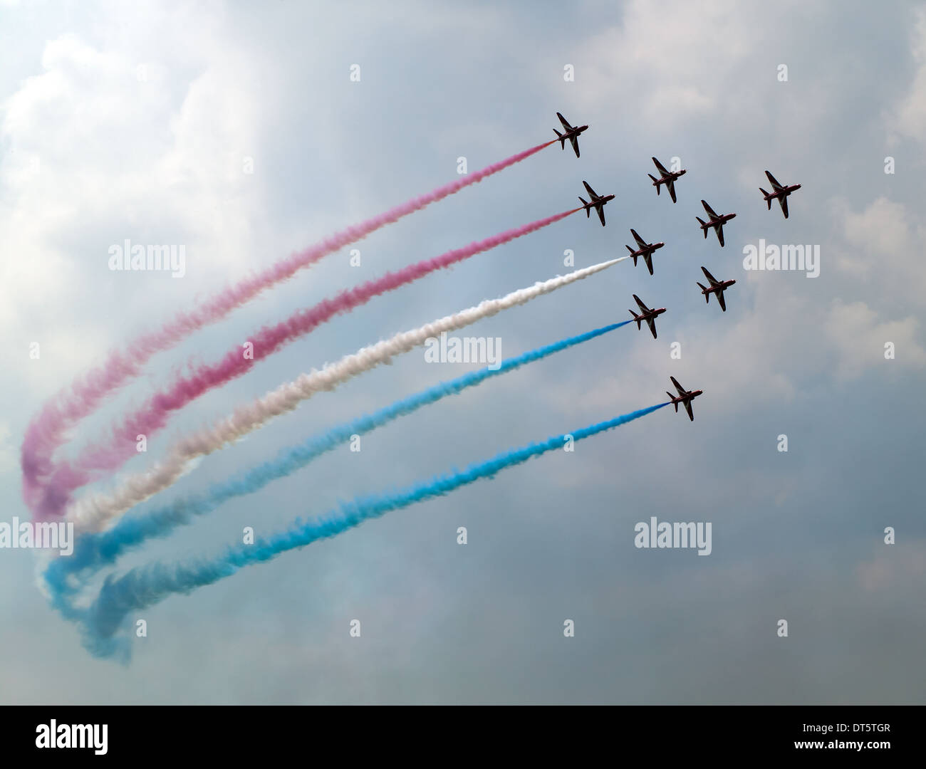 Famous Red Arrows RAF formation team performing their display at the 2007 Biggin Hill Air Show Stock Photo