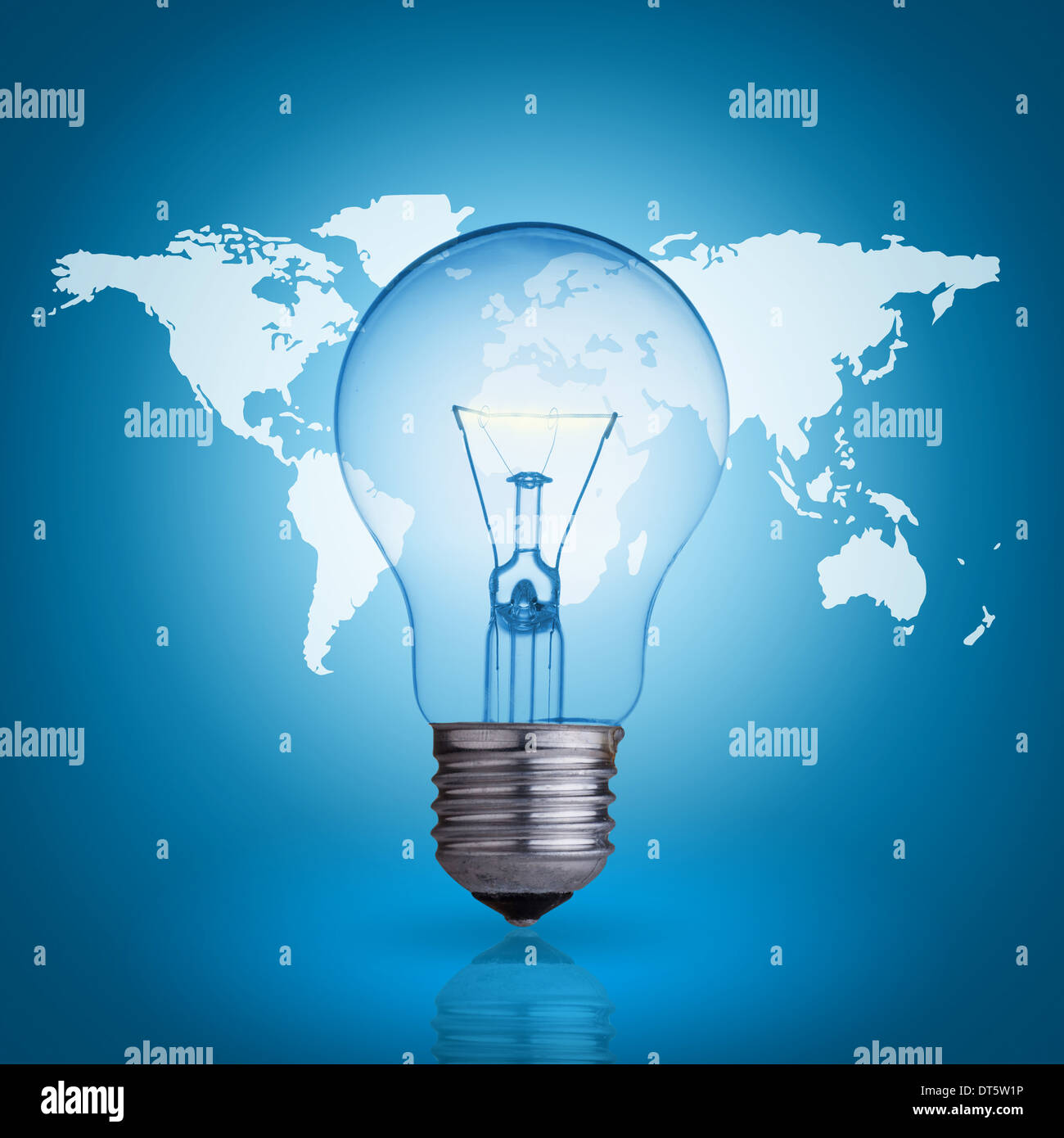 light bulb on blue background world map Stock Photo - Alamy