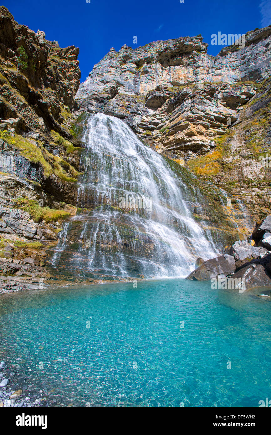 Cascada Cola de Caballo waterfall under Monte Perdido at Ordesa Valley Aragon Huesca Pyrenees of Spain Stock Photo