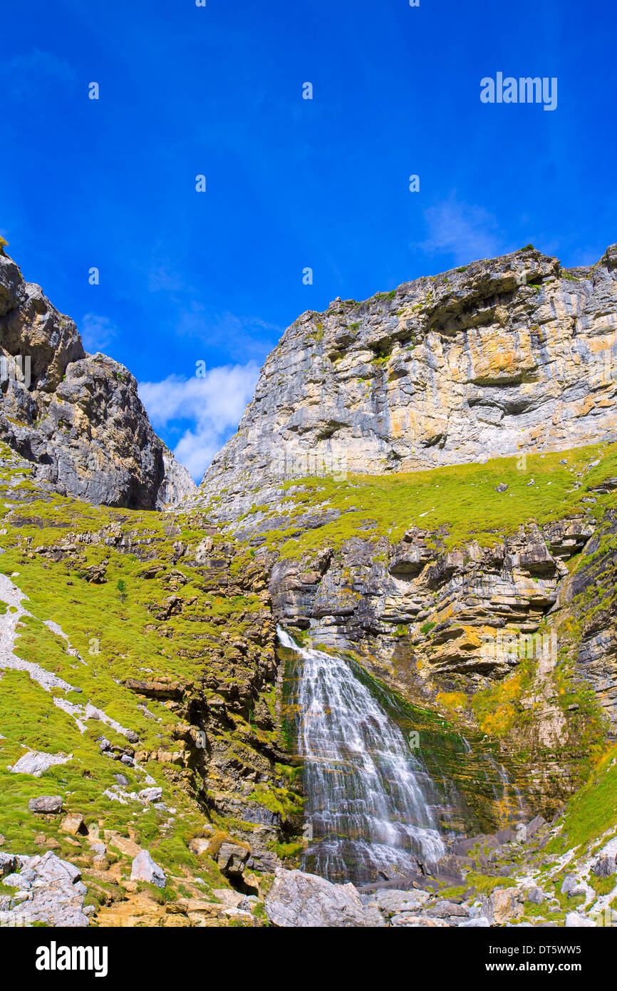 Cascada Cola de Caballo waterfall under Monte Perdido at Ordesa Valley Aragon Huesca Pyrenees of Spain Stock Photo