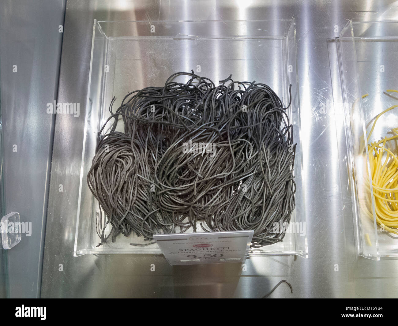 Spaghetti black squid ink at a food store in Italy Stock Photo