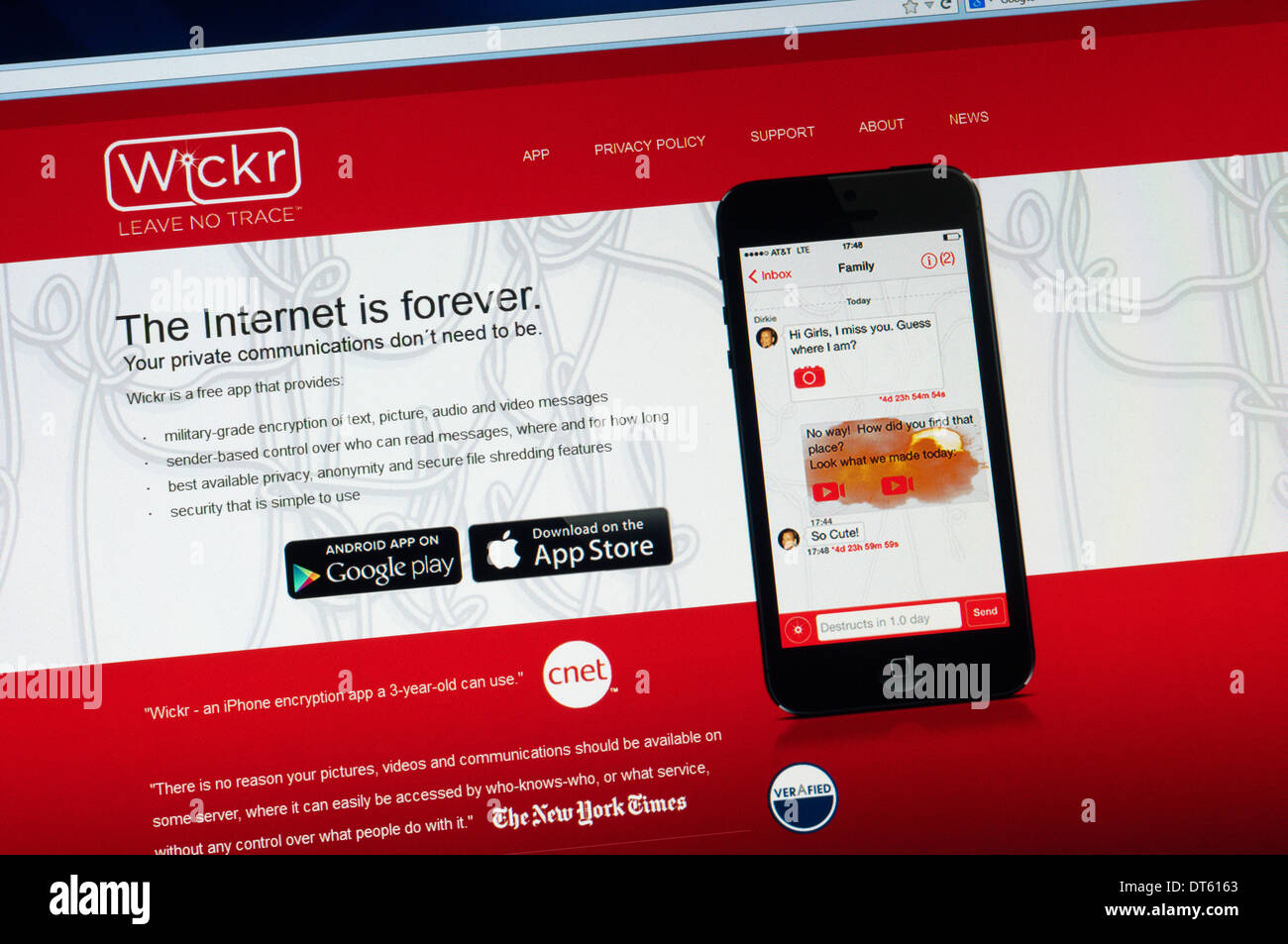 The Wickr mobile 'phone app claims to provide secure encryption for text, picture, audio & video messages. Stock Photo