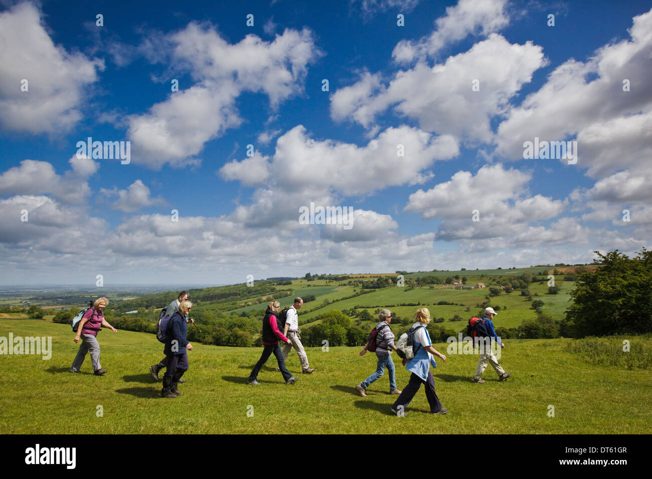 Walkers on the Winchcombe Way during the walking festival, Cotswolds, UK Stock Photo