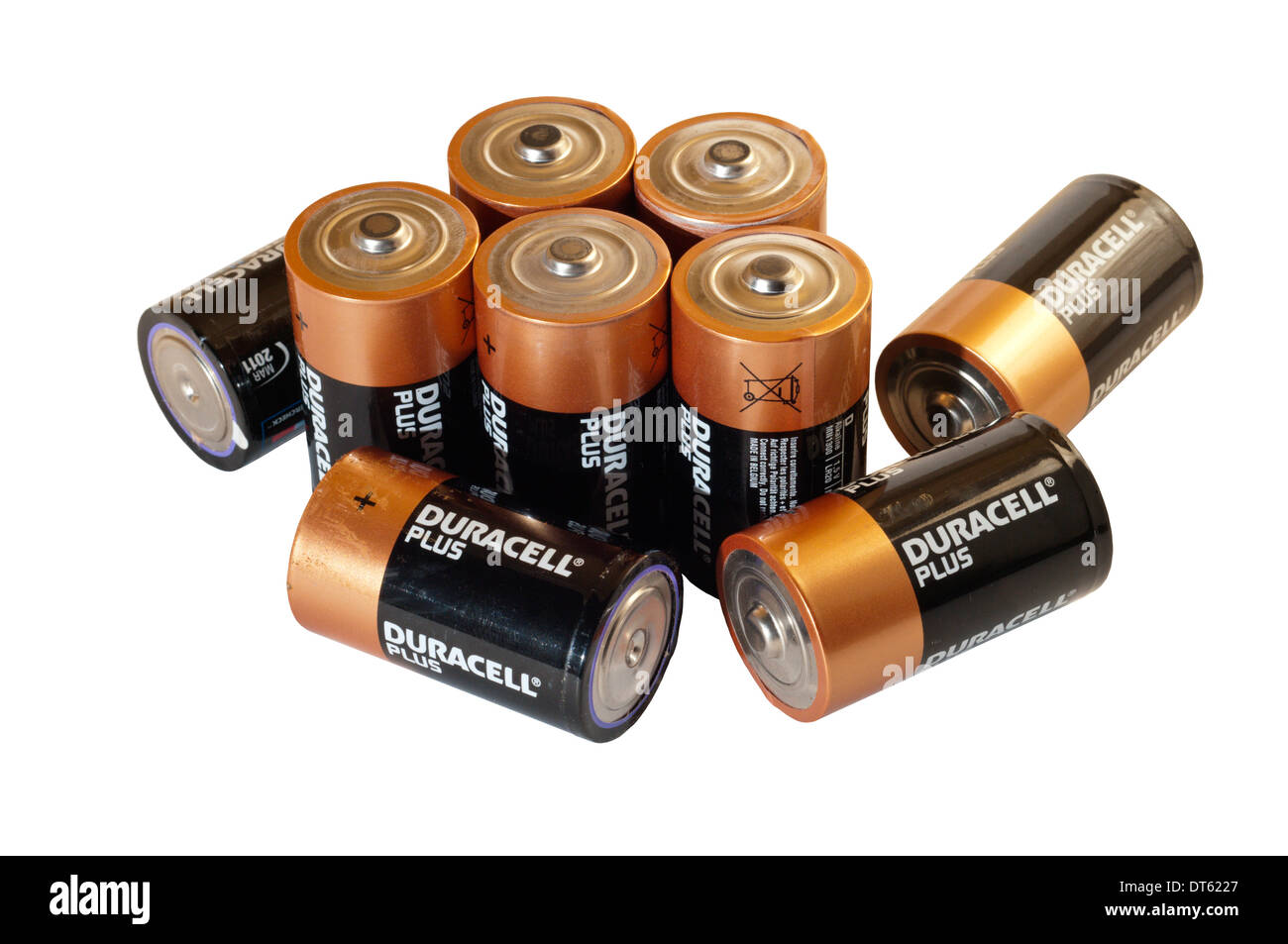 Nine Duracell D Type batteries for use in portable electrical appliances. Stock Photo