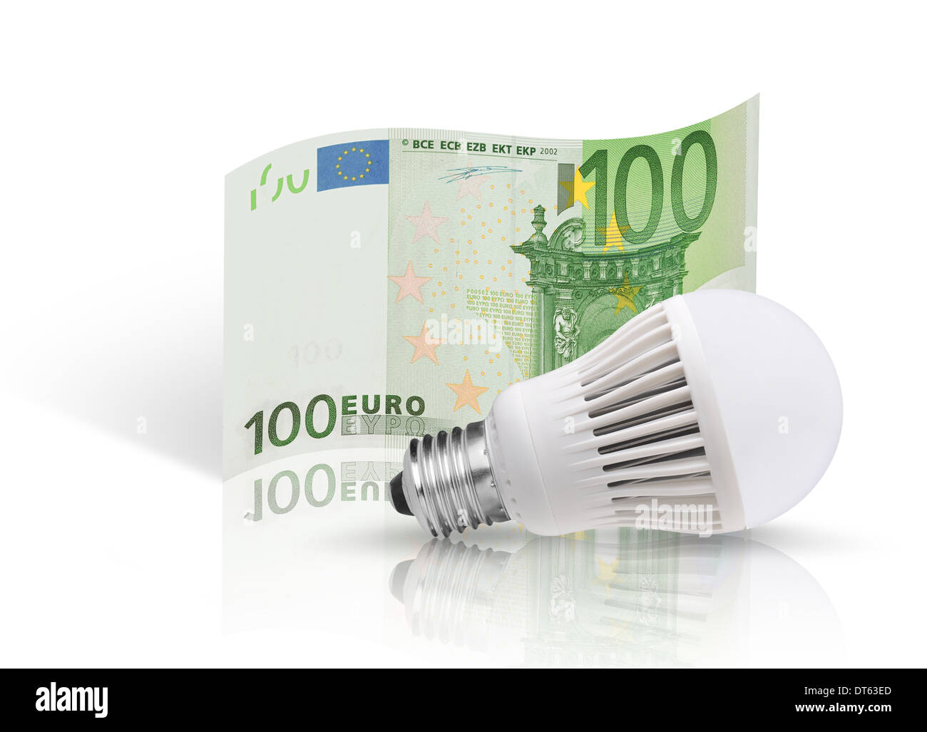 One hundred euro banknote and LED bulb. Isolated on white background ...