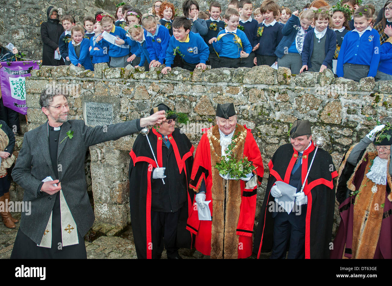 St Ives, Cornwall, UK. 10th Feb, 2014. The local parish priest gives the blessing of the Silver Ball and all people attending the St.Ives feast day celebrations, St.Ives, Cornwall, Feb 10th 2014 Credit:  Kevin Britland/Alamy Live News Stock Photo
