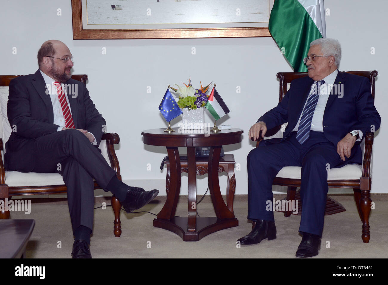 Ramallah, West Bank. 10th Feb, 2014. Palestinian President Mahmoud Abbas (R) meets with President of the European Parliament Martin Schulz in the West Bank city of Ramallah on Feb. 10, 2014. Credit: Xinhua/Pool/Alamy Live News Stock Photo