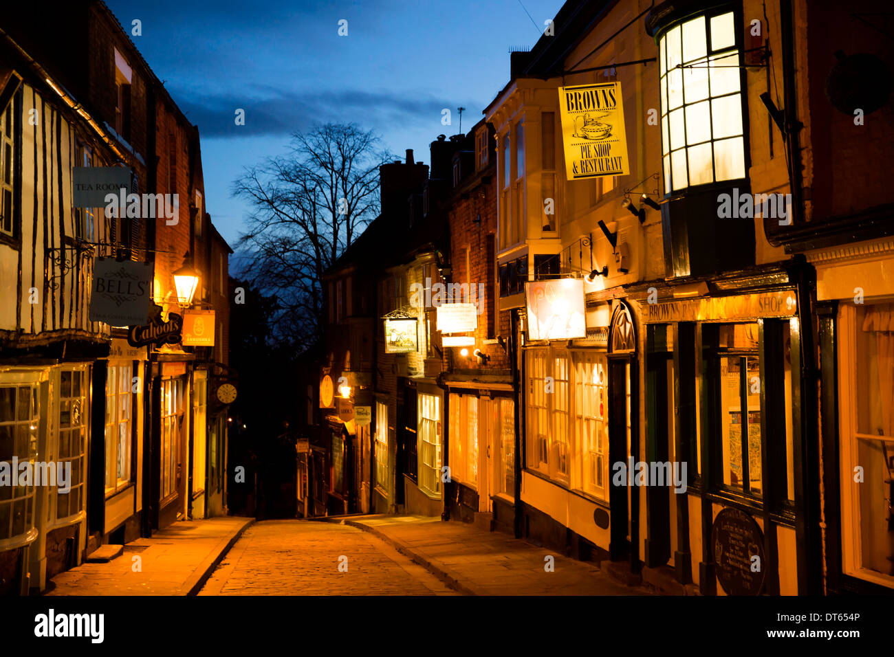 Shops and buildings on the top part of Steep Hill, near the Cathedral