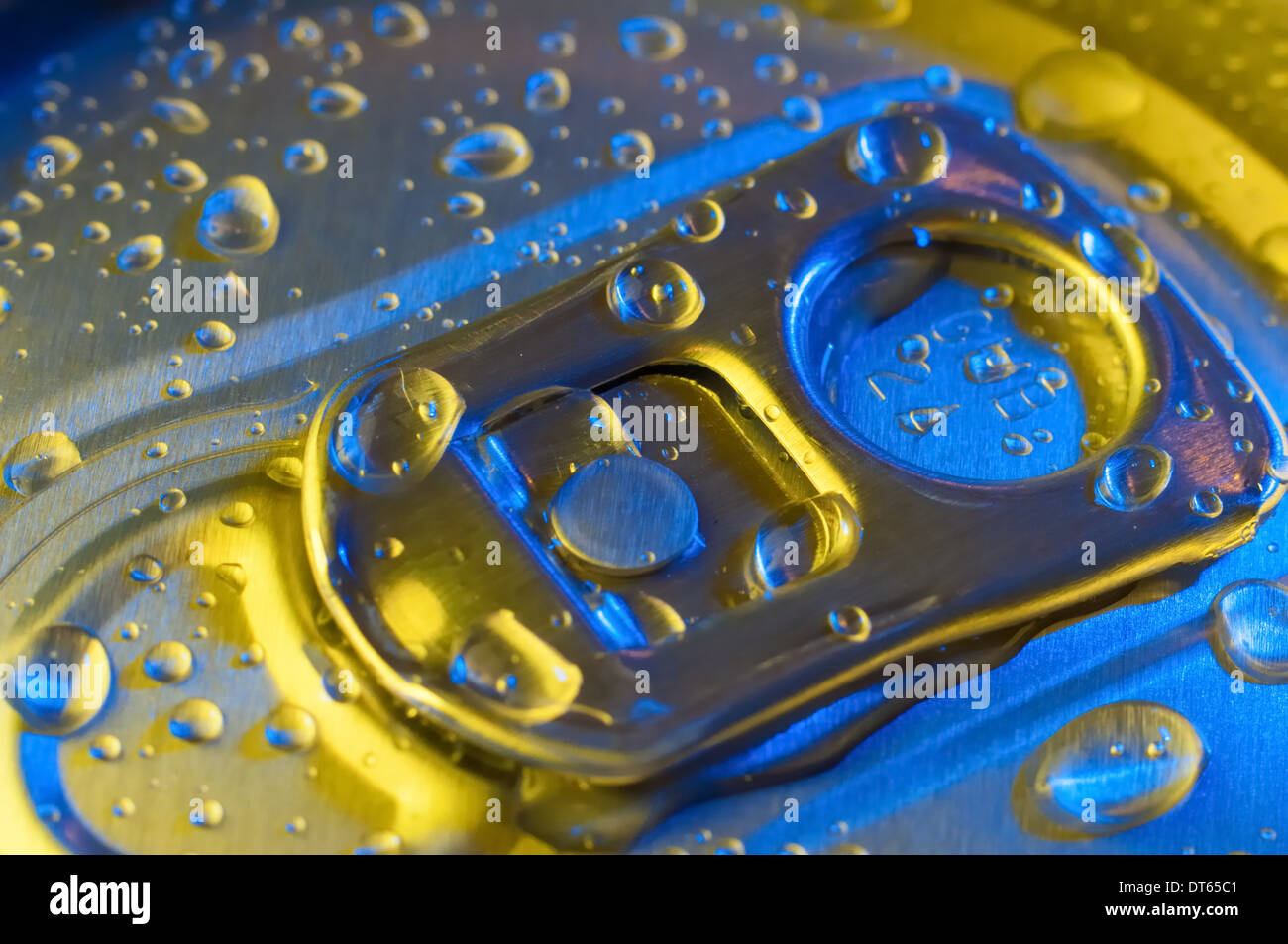Top of drinks can with water drops Stock Photo