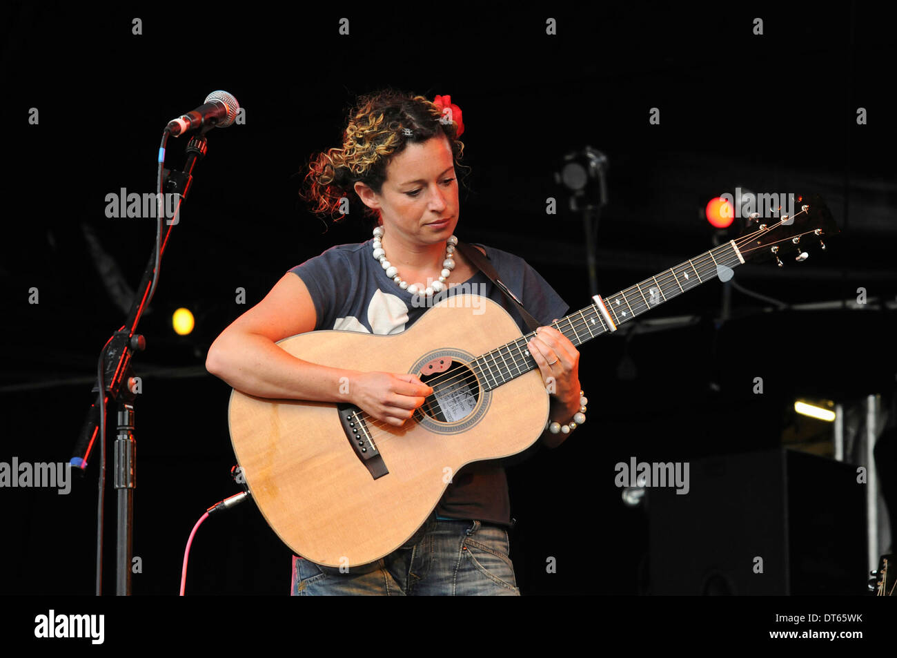 England, Surrey, Guildford, Music, Strings, Guitar, Singer songwriter Kate Rusby performing at Guilfest 2011. Stock Photo