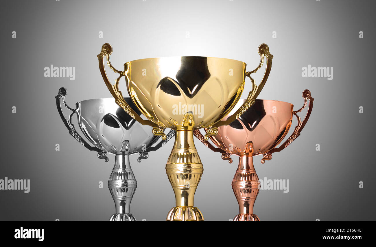 close up champion silver trophy on gray background Stock Photo