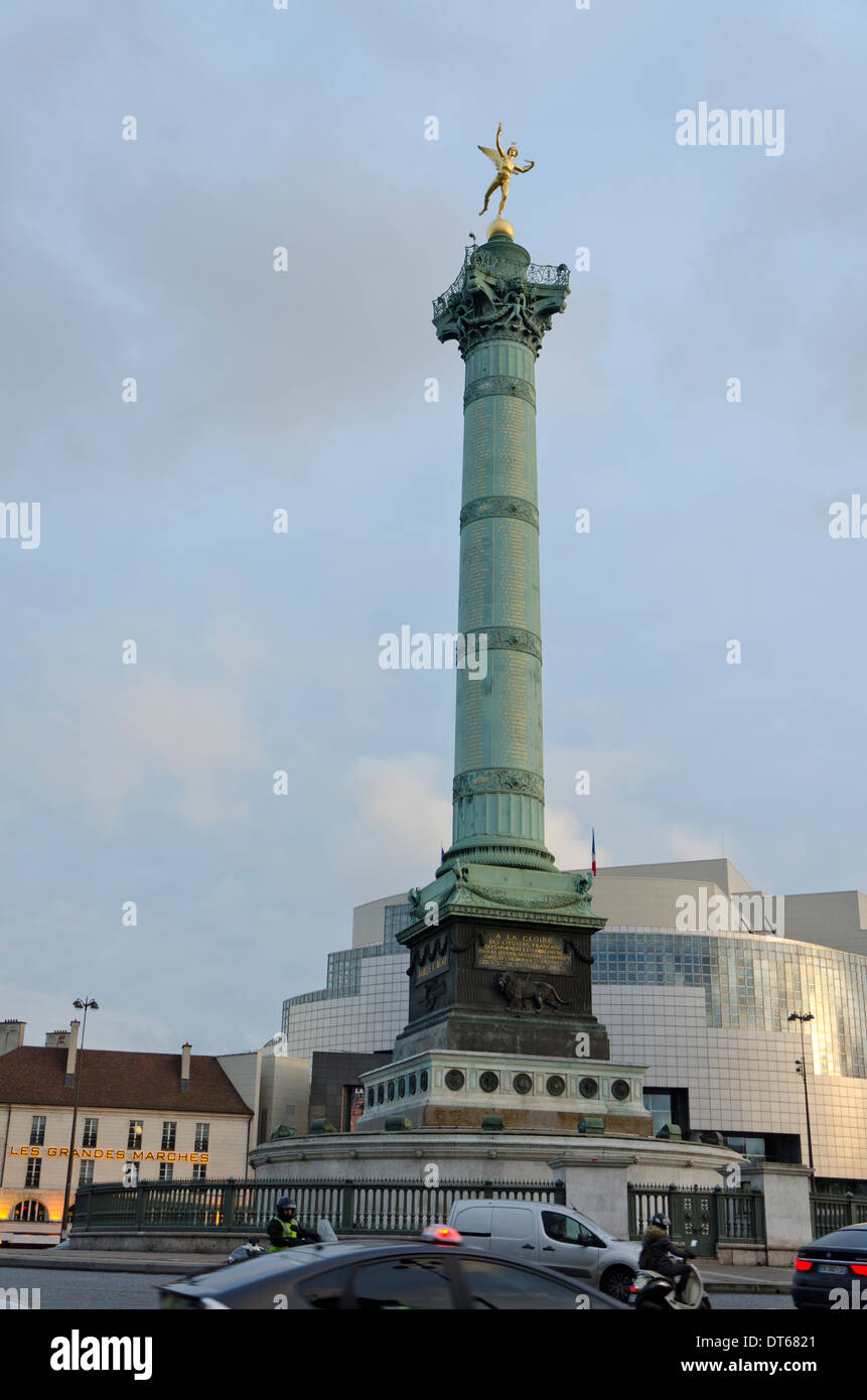 The Place de la Bastille with July Column and Opéra Bastille behind, Bastille, Paris, France. Stock Photo