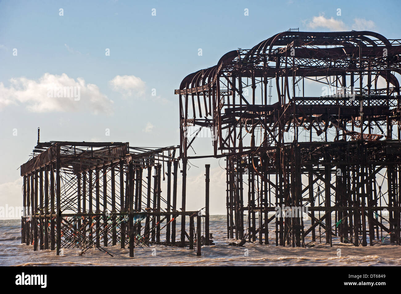 High winds and storms battered Brighton's West Pier causing another big chunk to fall from the already precarious structure Stock Photo