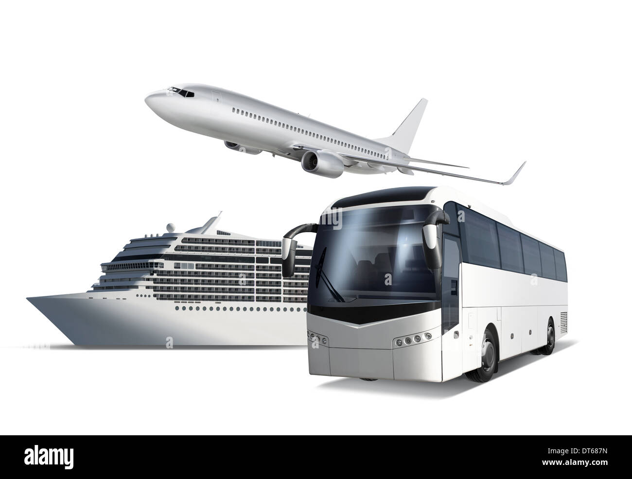 Collage of plane, ship and bus isolated on white with path, transport ...