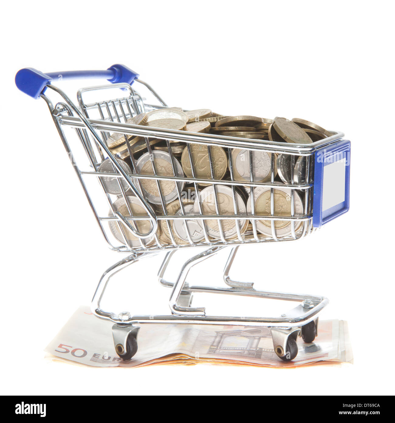 Shopping cart Euro notes and euro coins isolated on white Stock Photo