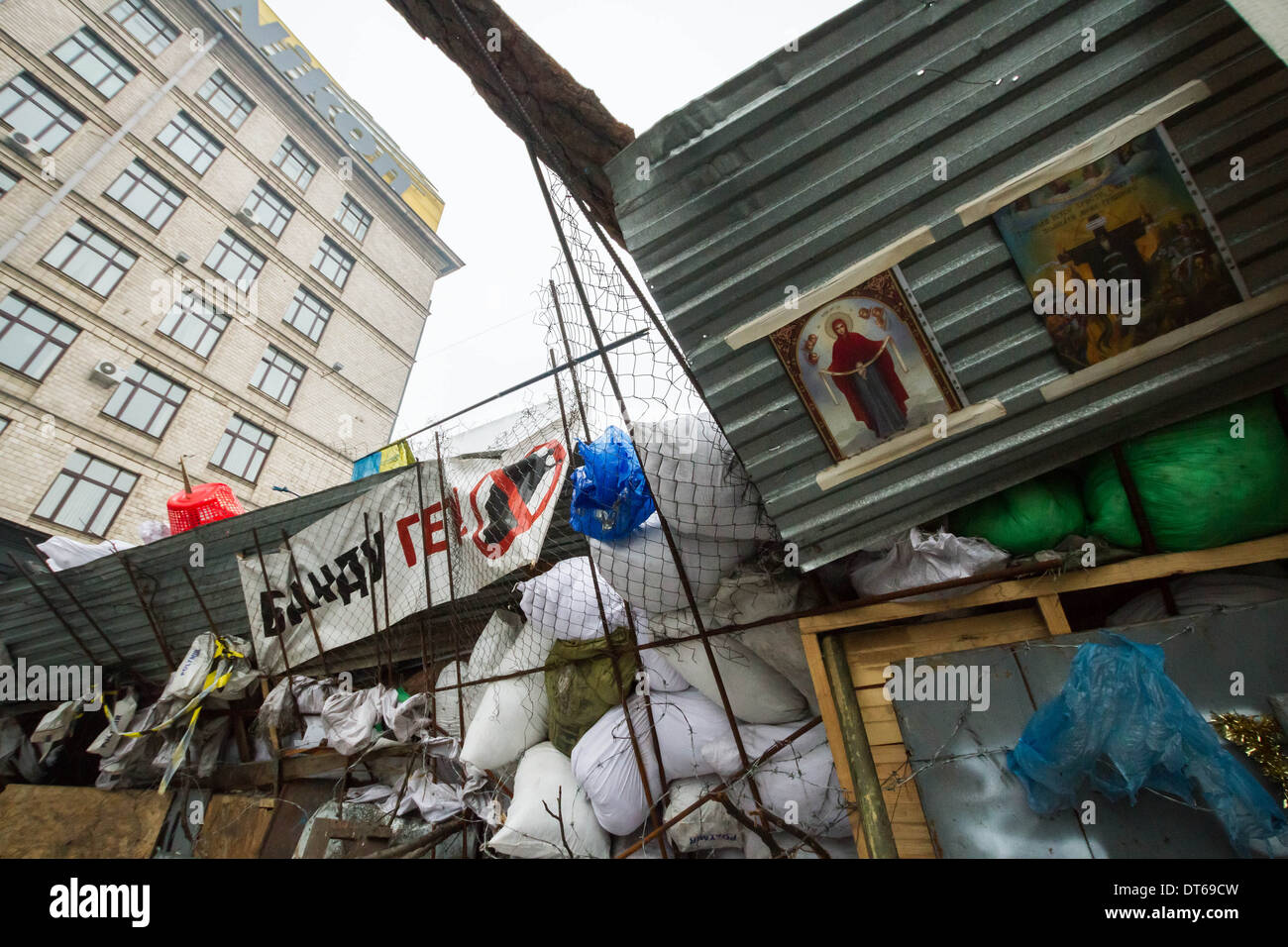 Christian Orthodox icon images on the Euromaidan barricades in Kiev, Ukraine. Stock Photo