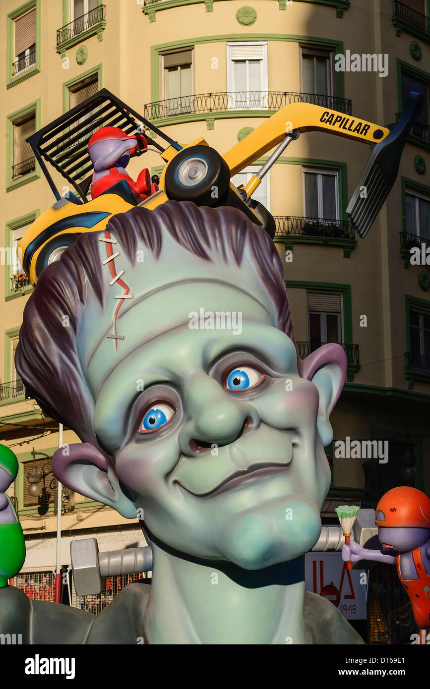 Spain, Valencia Province, Valencia, Papier Mache figure in the street during Las Fallas festival, Detail of face. Stock Photo