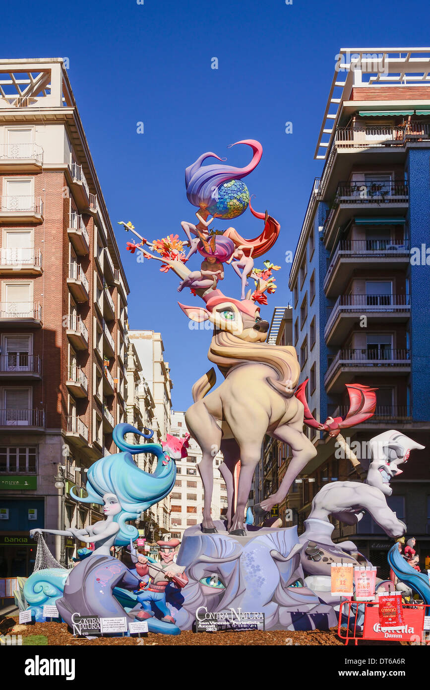 Spain, Valencia Province, Valencia, Typical falla scene with Papier Mache figures in the street during Las Fallas festival. Stock Photo