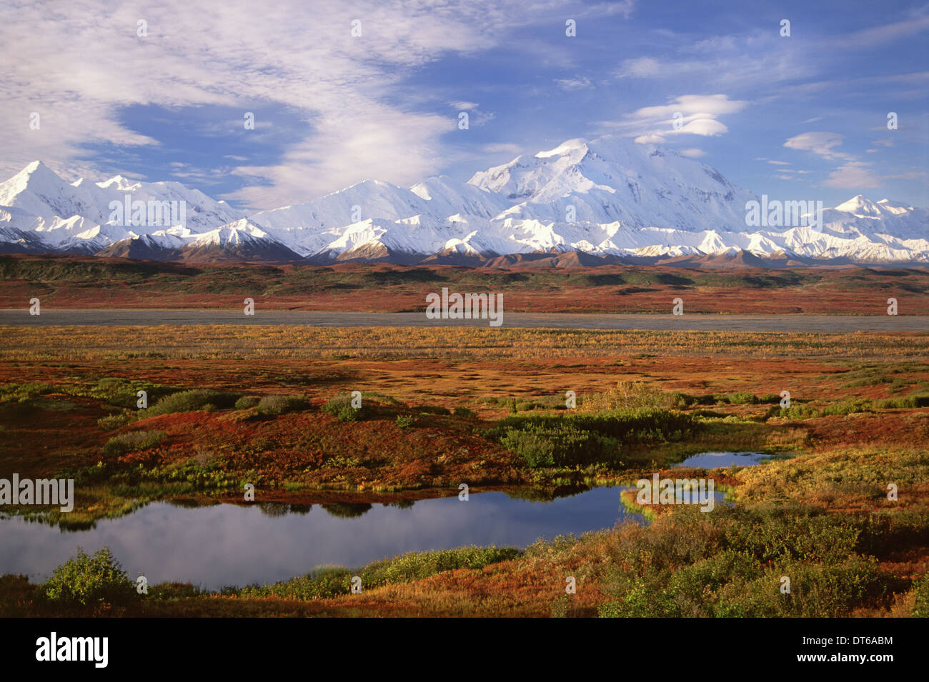 Tundra and kettle pond in Denali National Park, Alaska in the fall. Mount McKinley in the background. Stock Photo