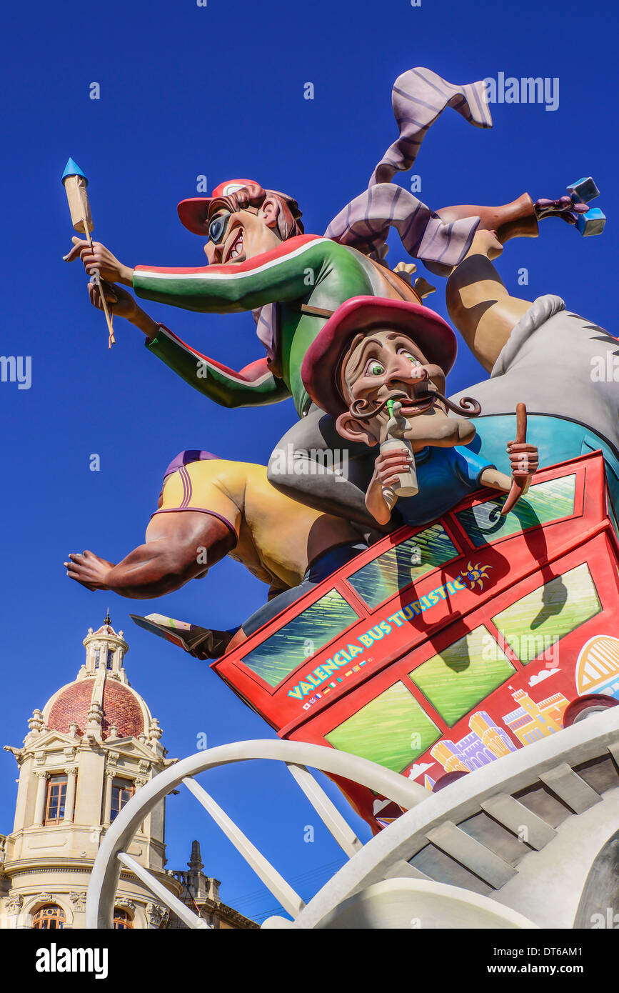 Spain, Valencia Province, Valencia, Las Fallas scene with Papier Mache figures in Plaza Ayuntamiento during Las Fallas festival. Stock Photo
