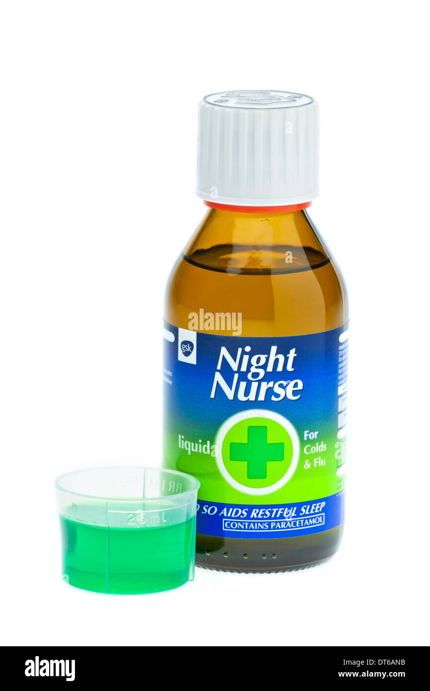 Night Nurse Cold and Flu Remedy on white background Stock Photo