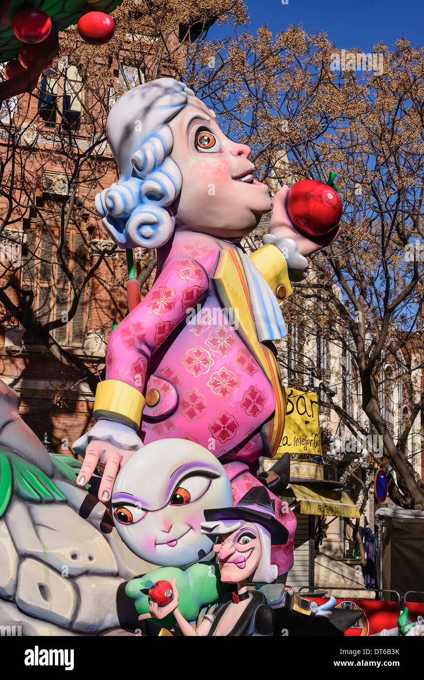 Spain, Valencia Province, Valencia, Papier Mache figure in the street during Las Fallas festival. Stock Photo