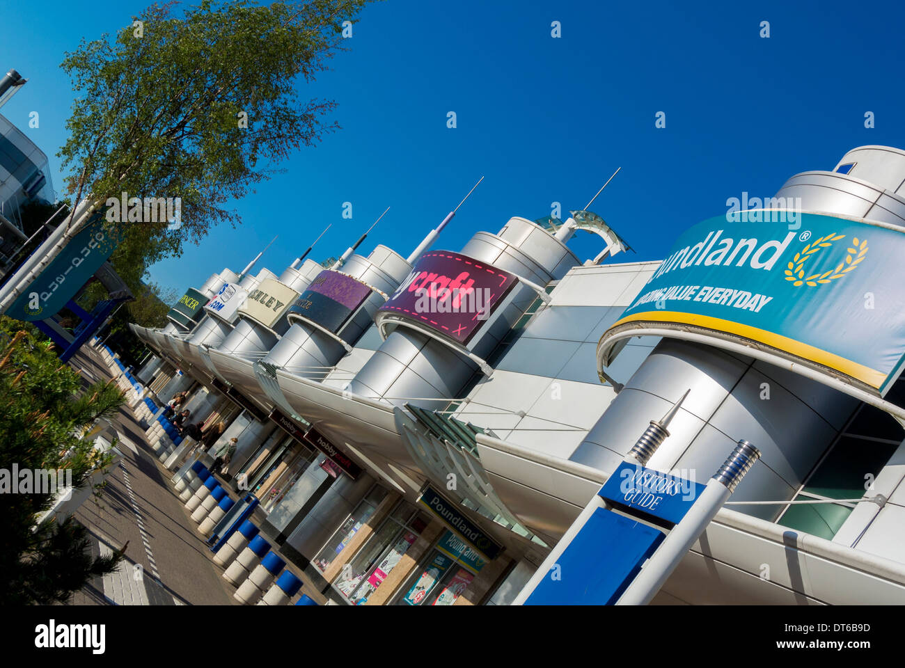 Shop brand signs at out of town shopping centre, UK. Stock Photo