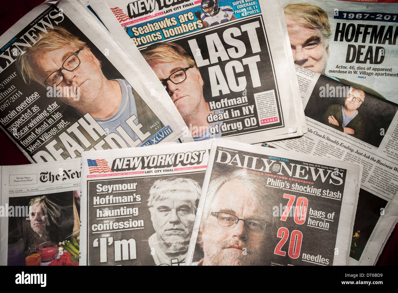 Front pages and headlines of New york newspapers over several days report on the death of actor